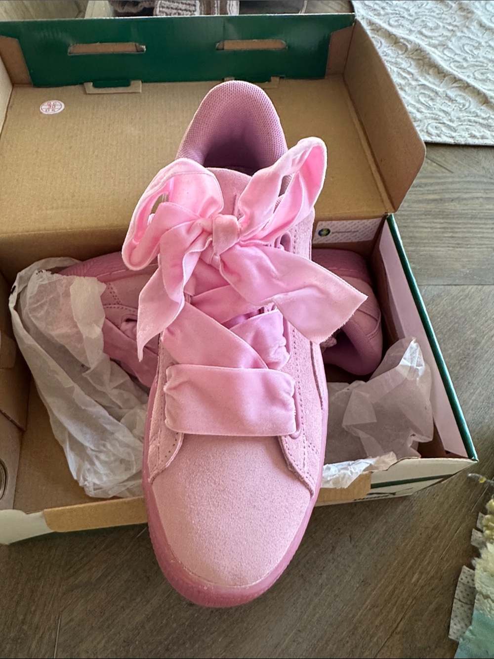 Puma Suede Heart Satin Bow Sneakers in Light Pink - Picture 2 of 6